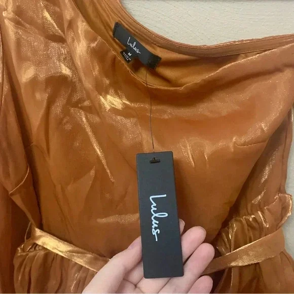 Lulus Sweet Excellence Shiny Rust Orange One-Shoulder Tiered Dress Medium NWT - Picture 12 of 15